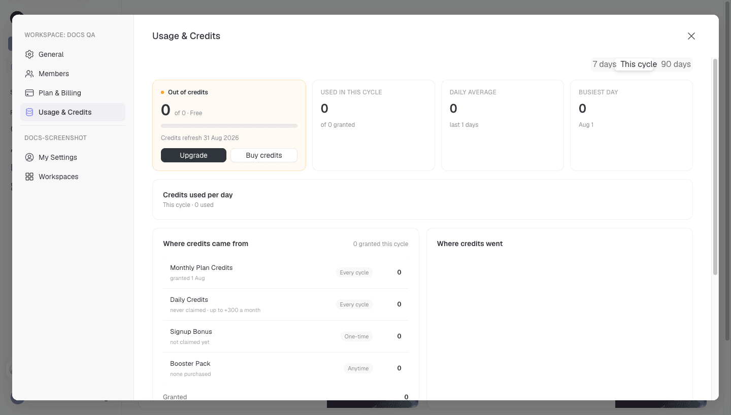 Usage and Credits settings with balance, cycle, chart, and activity