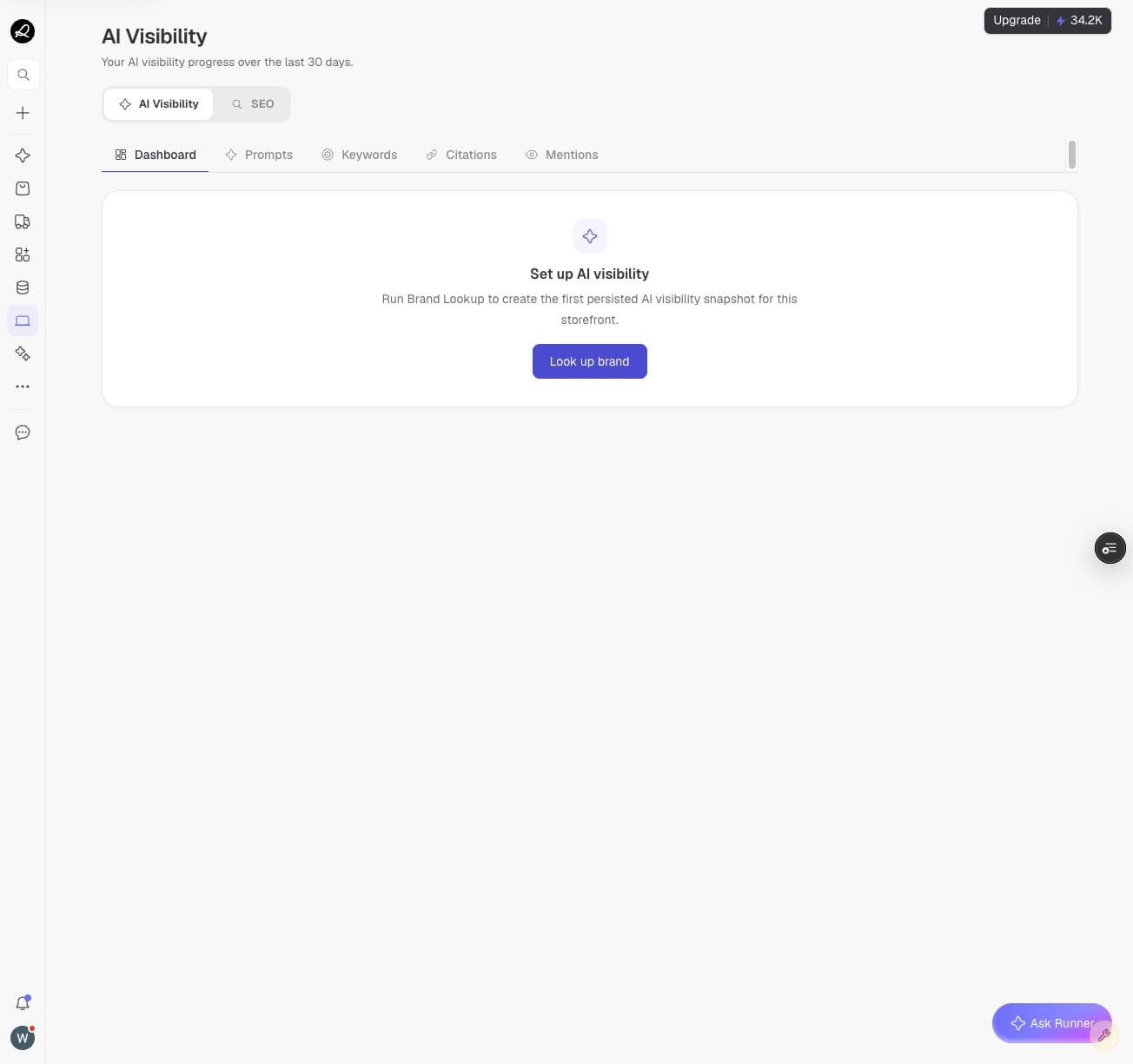 Schermata SEO e visibilità IA di Runner