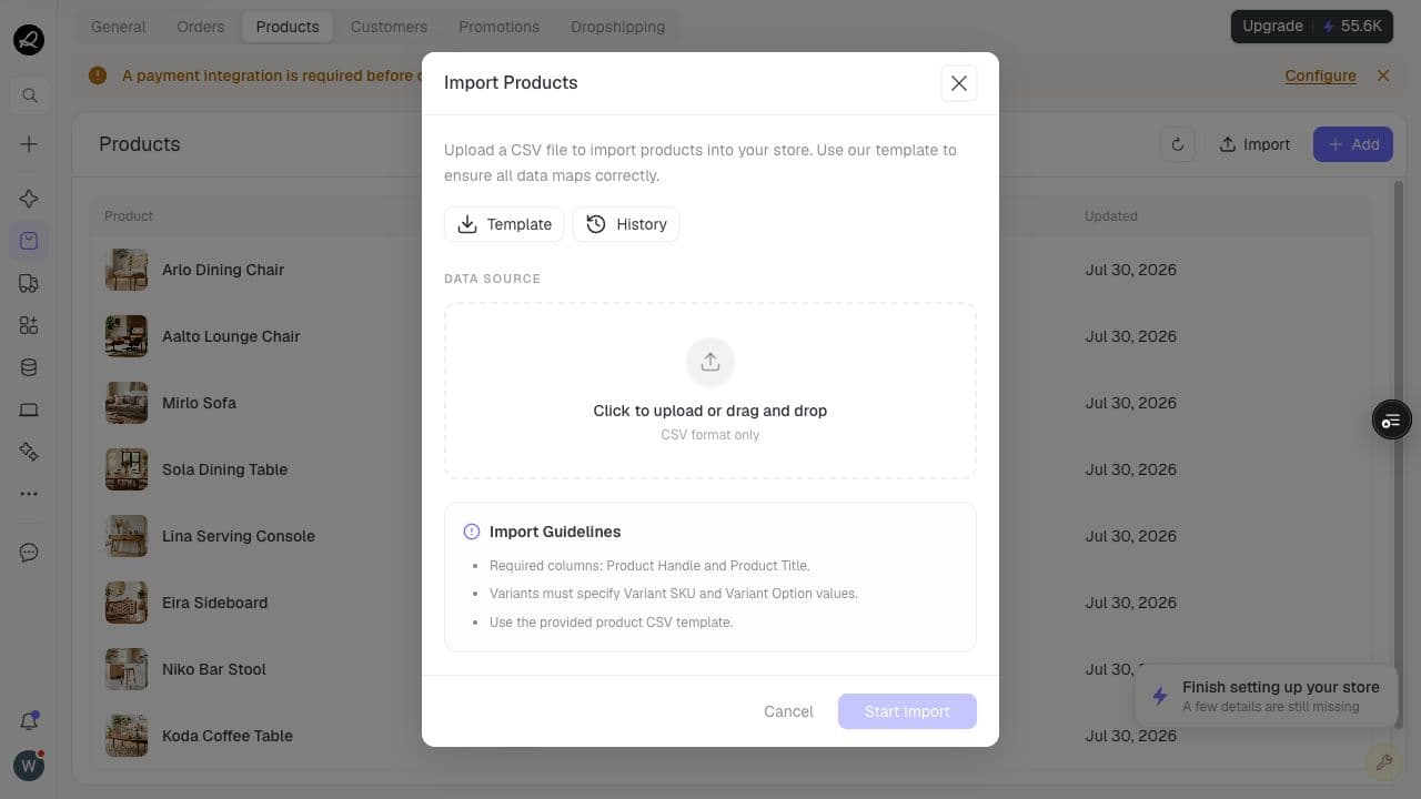 Import Products dialog