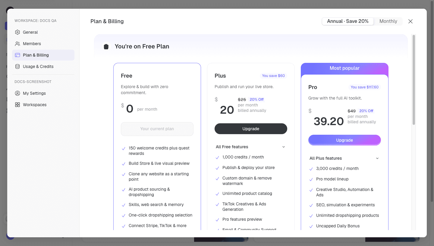 Plan and Billing settings comparing Runner plans and upgrade controls